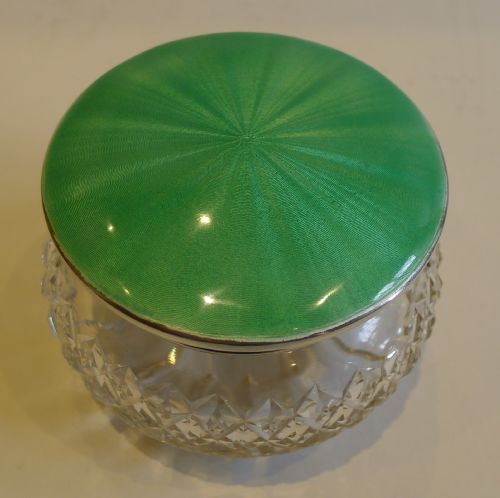 English Cut Crystal Powder Box - Sterling Silver and Green Guilloche Enamel Lid - 1935