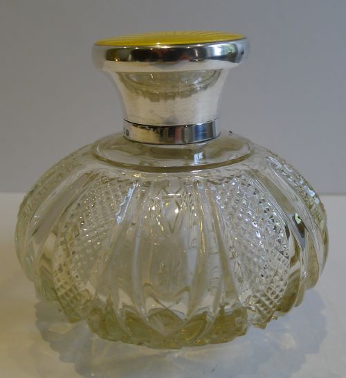fig 1. Sterling Silver and Yellow Guilloche Enamel Perfume Bottle - 1930