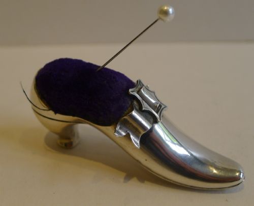 Antique English Sterling Silver Novelty Pin Cushion - Shoe - 1897