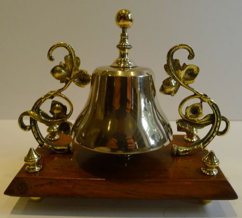 Unusual Antique English Brass and Oak Desk / Counter Bell C.1880