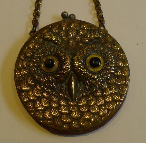 Charming Little Antique English Leather Coin Purse - Brass Owl - Glass Eyes