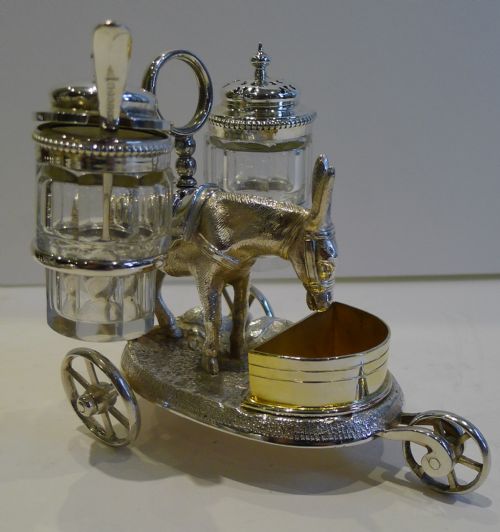 Rare Antique English Figural Novelty Cruet in Silver Plate - Donkey - Reg. 1869