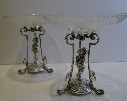 Top Quality Pair of Antique Silver Plate and Glass Tazzas C.1860 - Cherubs