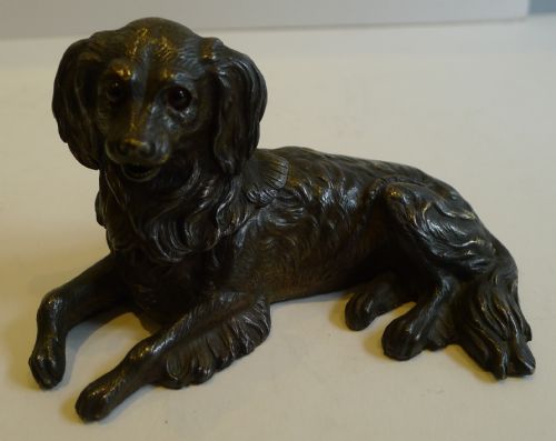 Antique English Bronze Figural Inkwell - Dog with Glass Eyes
