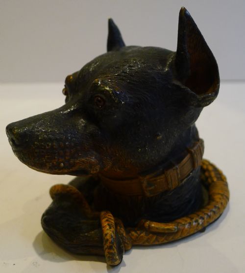 Rare Viennese Cold Painted Bronze Doberman Inkwell C.1890 - Dog