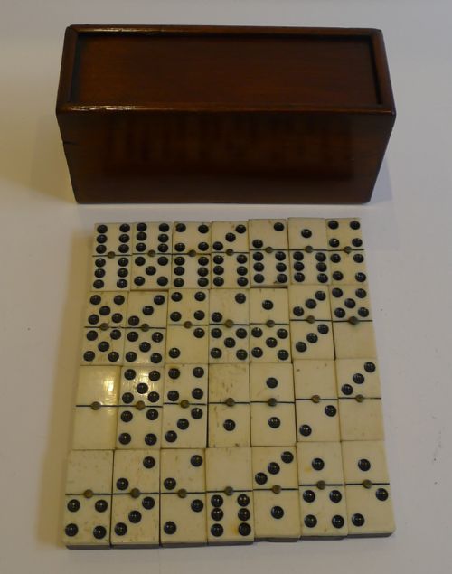 Antique English Boxed Set Bone & Ebony Wood Dominoes C.1890