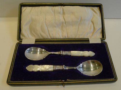 Pair Boxed Antique English Silver Plate and Mother of Pearl Jam Spoons
