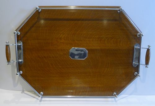 Large Antique English Oak and Silver Plated Tray C.1890