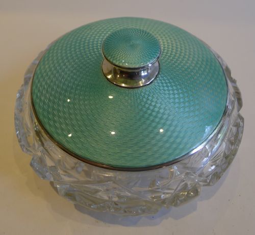 Heavy Cut Crystal Bowl with English Sterling Silver and Guilloche Enamel Lid