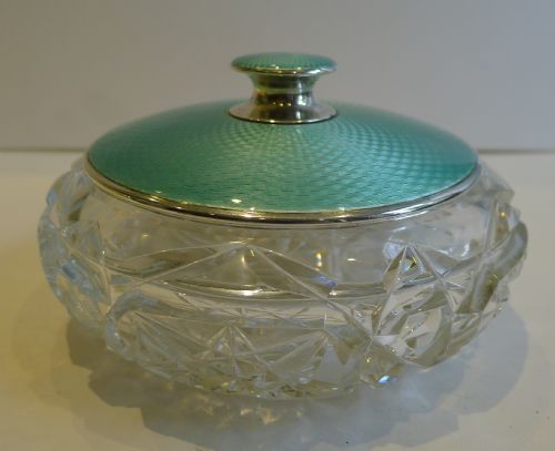 fig 1. Heavy Cut Crystal Bowl With English Sterling Silver and Guilloche Enamel Lid