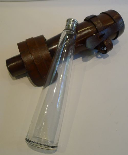fig 1. Top Quality Antique English Sterling Silver Topped Hunting Flask In Leather Case - 1881