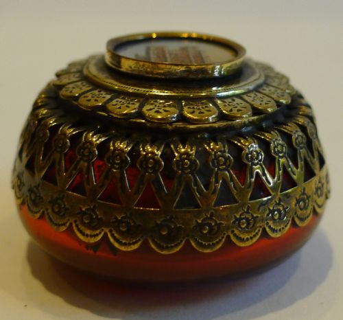 fig 1. Antique French Cranberry Glass and Eglomise Pill Box c.1880 - Notre Dame