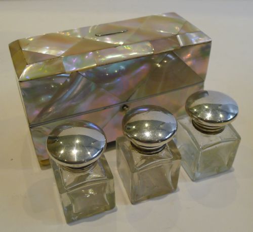 Beautiful Antique English Mother of Pearl Perfume Bottle Box C.1860