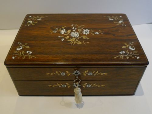 Exquisite Antique French Cut Brass and Ivory Inlaid Jewellery Box C.1850