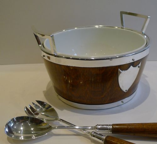 Antique English Oak and Silver Plated Salad Bowl and Servers C.1890 by Daniel and Arter