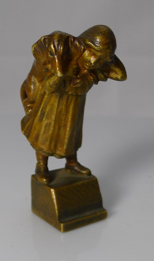 Antique Figural Bronze Seal - Dog (Dachshund) and Girl C.1900