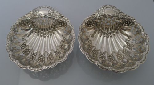Pair Antique English Sterling Silver Reticulated Shell Dishes by Atkin Brothers