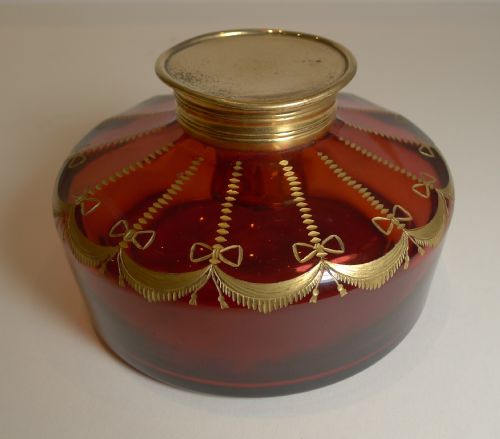 Large Grand Antique Ruby Red / Cranberry Glass Inkwell C.1890