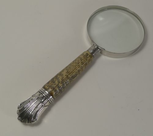 English Antler Horn & Sterling Silver Magnifying Glass - 1917