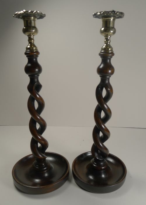 Towering Antique English Oak & Brass Barley Twist Candlesticks C.1900 - 14 1/2"