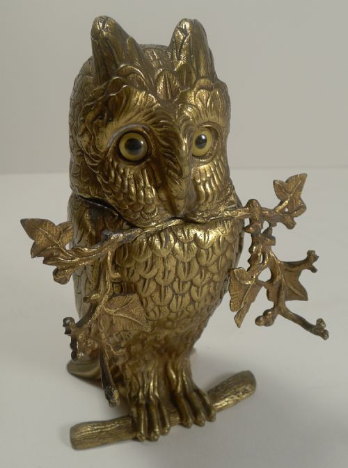 Fabulous Antique Figural Inkwell - Gilded Bronze Owl with Glass Eyes