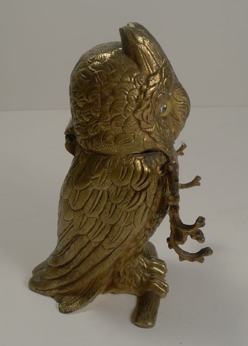 fig 1. Fabulous Antique Figural Inkwell - Gilded Bronze Owl With Glass Eyes