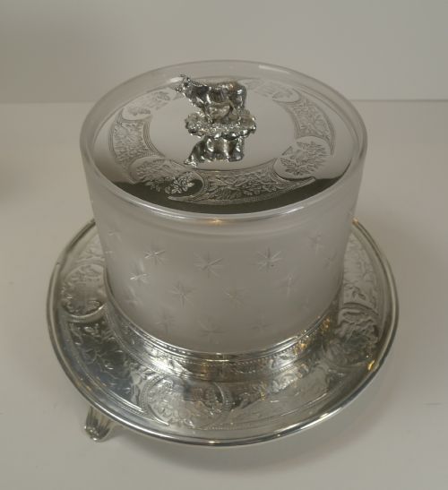 Antique English Glass and Silver Plated Biscuit Box - Figural Lid