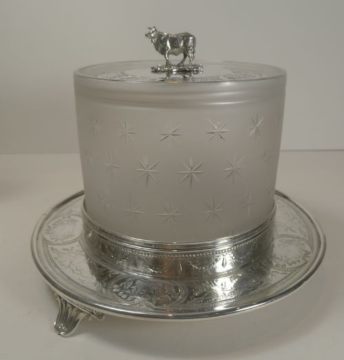 fig 1. Antique English Glass and Silver Plated Biscuit Box - Figural Lid