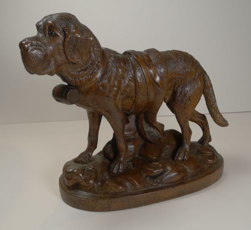 Magnificent Large Carved Black Forest St Bernard Dog C.1890 - Glass Eyes
