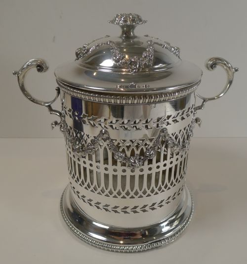 Stunning Antique English Silver Plated Biscuit Box with Blue Glass Liner C.1880