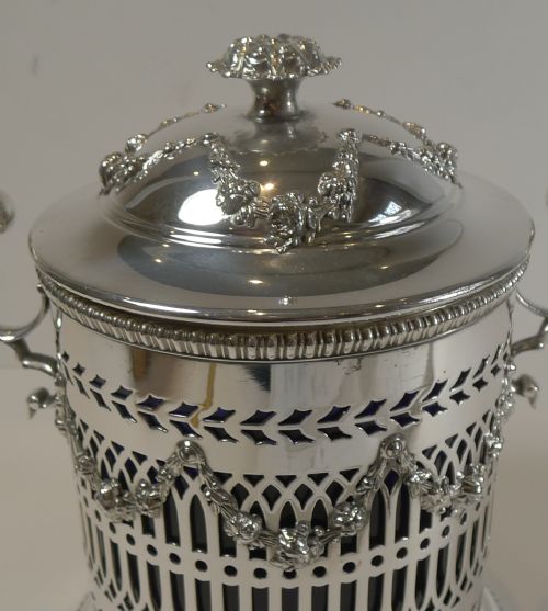 fig 1. Stunning Antique English Silver Plated Biscuit Box With Blue Glass Liner c.1880