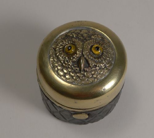 Unusual Antique Travel Inkwell -Figural - Owl with Glass Eyes C.1900