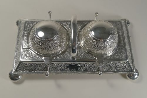 UNUSUAL ANTIQUE ENGLISH SILVER PLATED DOUBLE INKWELL BY MARTIN HALL - ADDITIONAL PHOTO 1