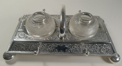 UNUSUAL ANTIQUE ENGLISH SILVER PLATED DOUBLE INKWELL BY MARTIN HALL - ADDITIONAL PHOTO 4