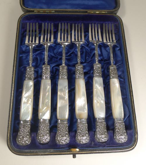 Antique English Sterling Silver and Mother of Pearl Cake / Desert Forks - Set Six