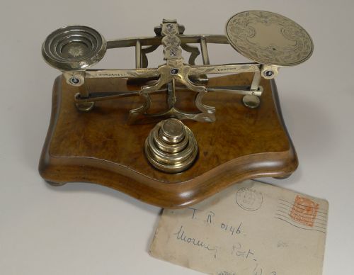 Top Notch Burl Walnut & Engraved Brass Postage Scale by Samson Mordan C.1880