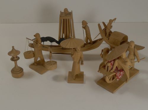 Set Antique Carved Chinese Sandalwood Figures C.1900