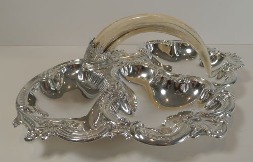 Antique English Silver Plated Cocktail Dish with Boar Tusk Handle C.1900