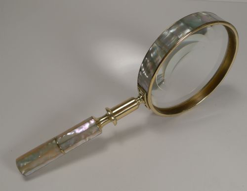 Large Antique English Brass and Mother of Pearl Magnifying Glass