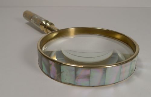 fig 1. Large Antique English Brass and Mother of Pearl Magnifying Glass