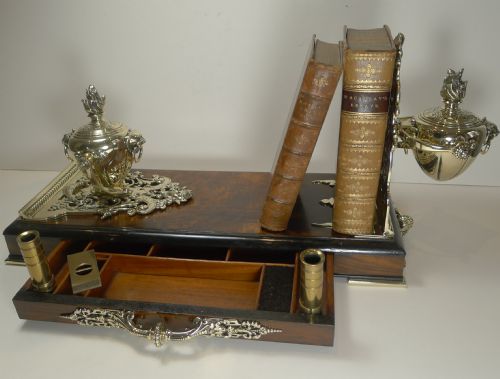 Rare Grand Antique English Walnut and Brass Book Holder / Desk Set / Inkwells C.1878