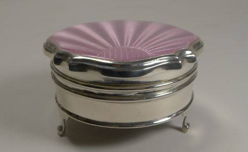 fig 1. English Art Deco Sterling Silver and Guilloche Enamel Jewellery or Trinket Box - 1929