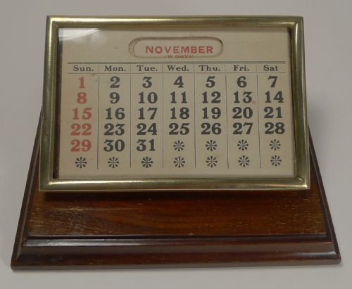 Fine Antique English Mahogany and Brass Desk Clip / Perpetual Calendar C.1900

