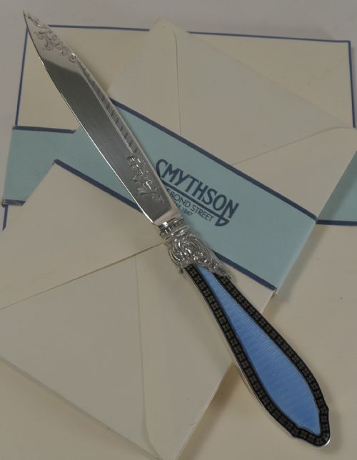 Antique English Sterling Silver and Blue Guilloche Enamel Letter Opener - 1912
