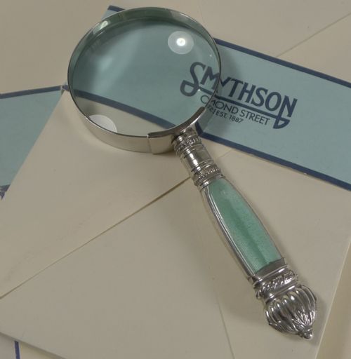 Small Vintage English Sterling Silver and Guilloche Enamel Magnifying Glass