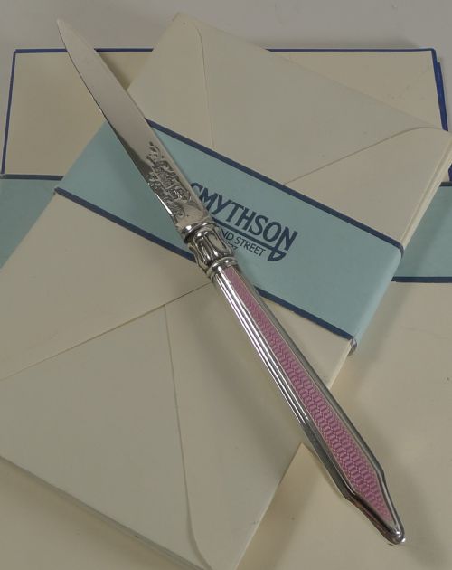 English Sterling Silver & Pink Guilloche Enamel Letter Opener