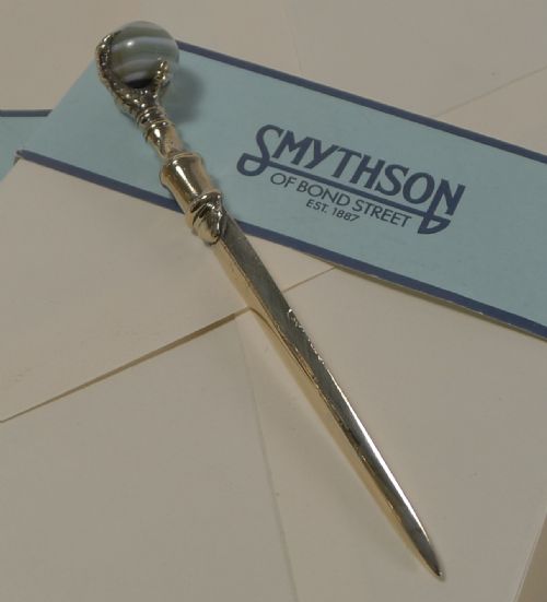 Small Antique English Brass and Scottish Agate Letter Opener C.1890
