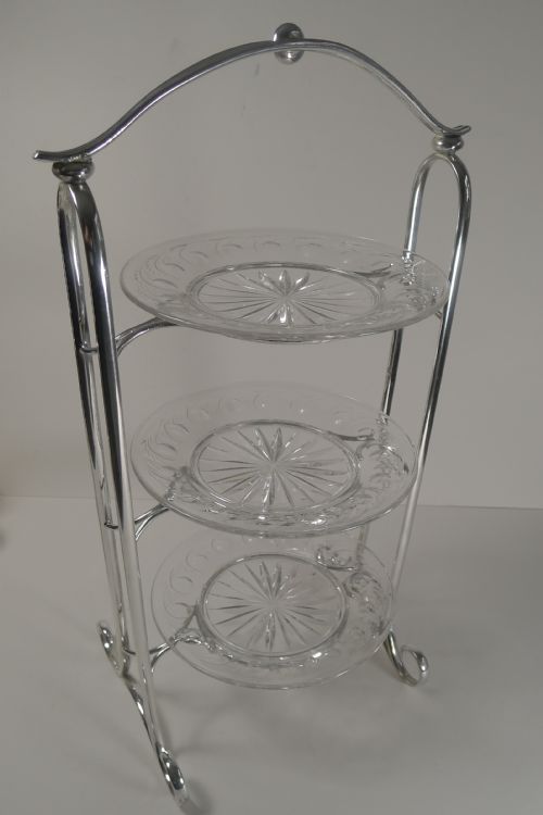 Antique English Silver Plate and Cut Crystal Three Tier Cake Stand