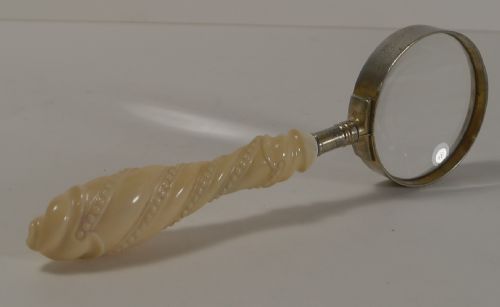 Small Antique English Carved Ivory Handled Magnifying Glass C.1880