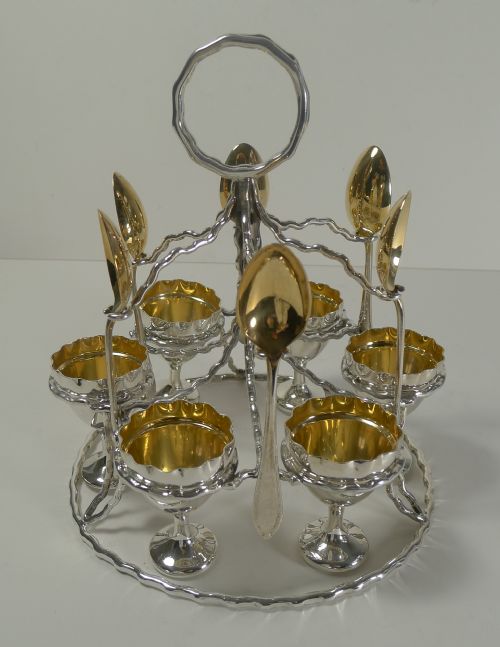 Unusual Antique English Silver Plated Egg Cruet for Six C.1900